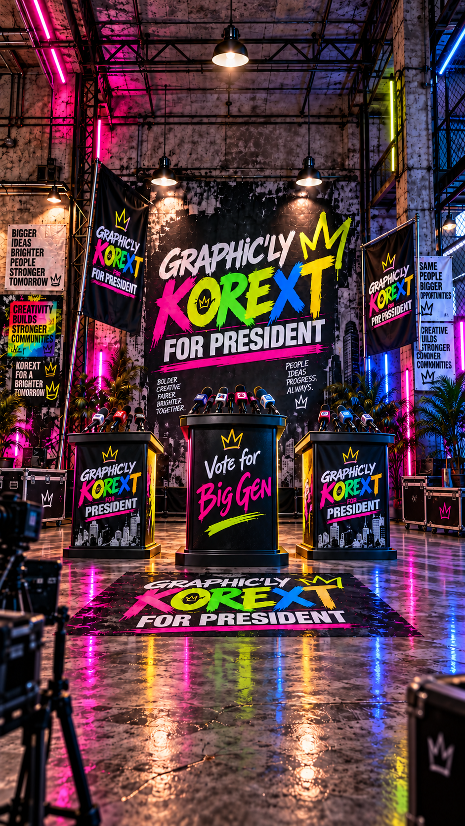 Graphic’Ly Korext for President campaign room with three podiums, two flags, a wall backdrop and a branded floor tile.