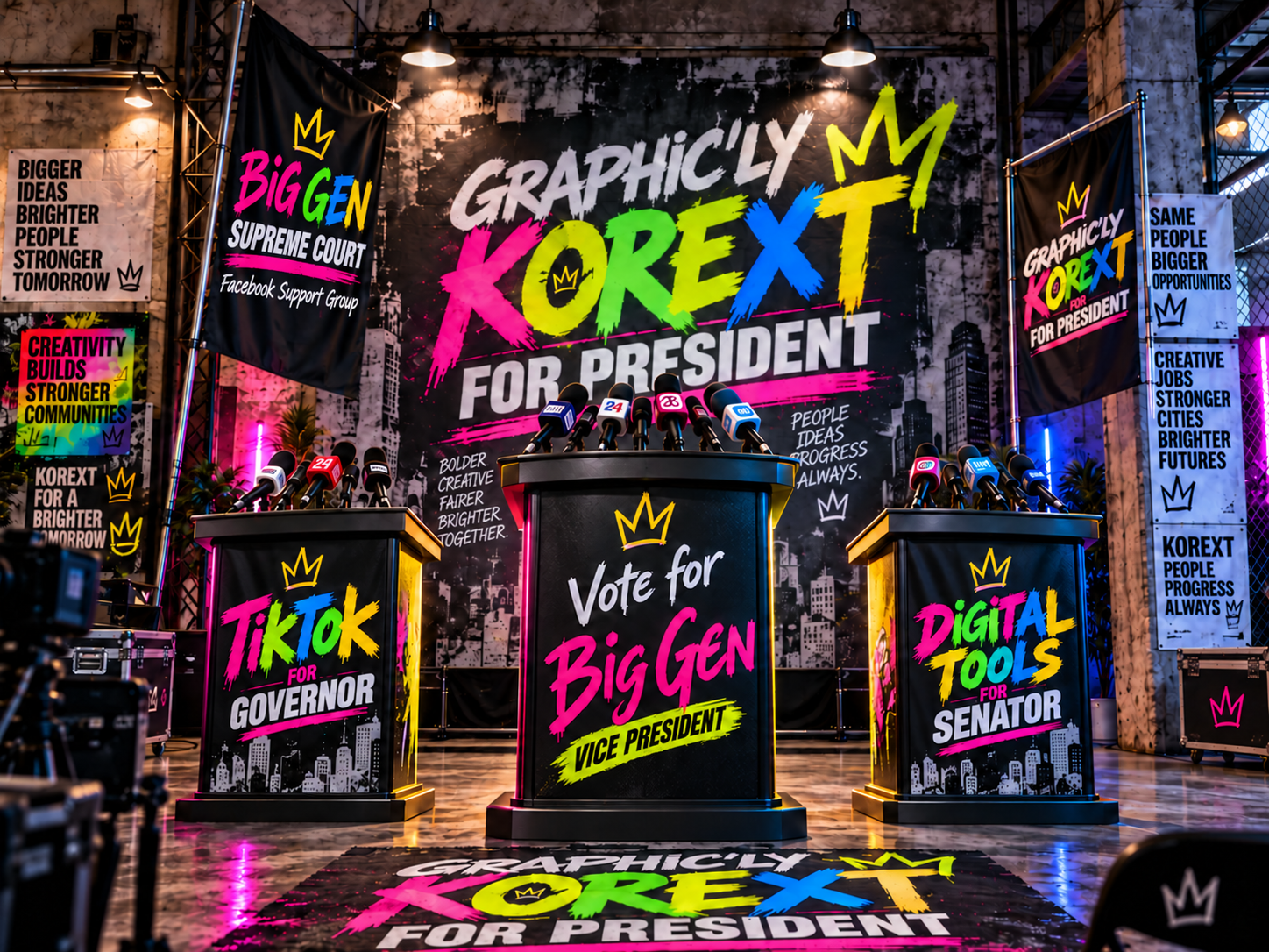 Graphic’Ly Korext for President campaign room with three podiums, two flags, a wall backdrop and a branded floor tile.